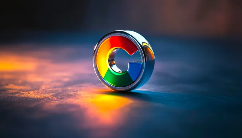 3D render of a chrome-finished circular object resembling the Google Chrome logo, illuminated with soft light reflections in an HDR environment on a smooth surface.