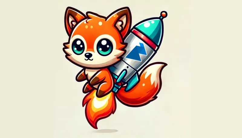 A cute fox with a rocket on its back with the webgpu logo on it